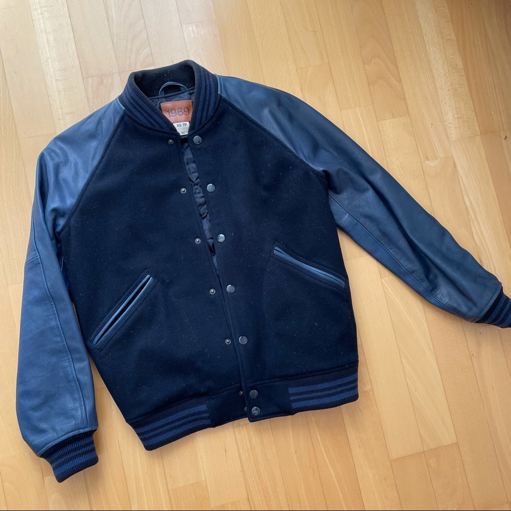 Gap Men Vintage Navy Leather & Wool Varsity Jacket | Size XS